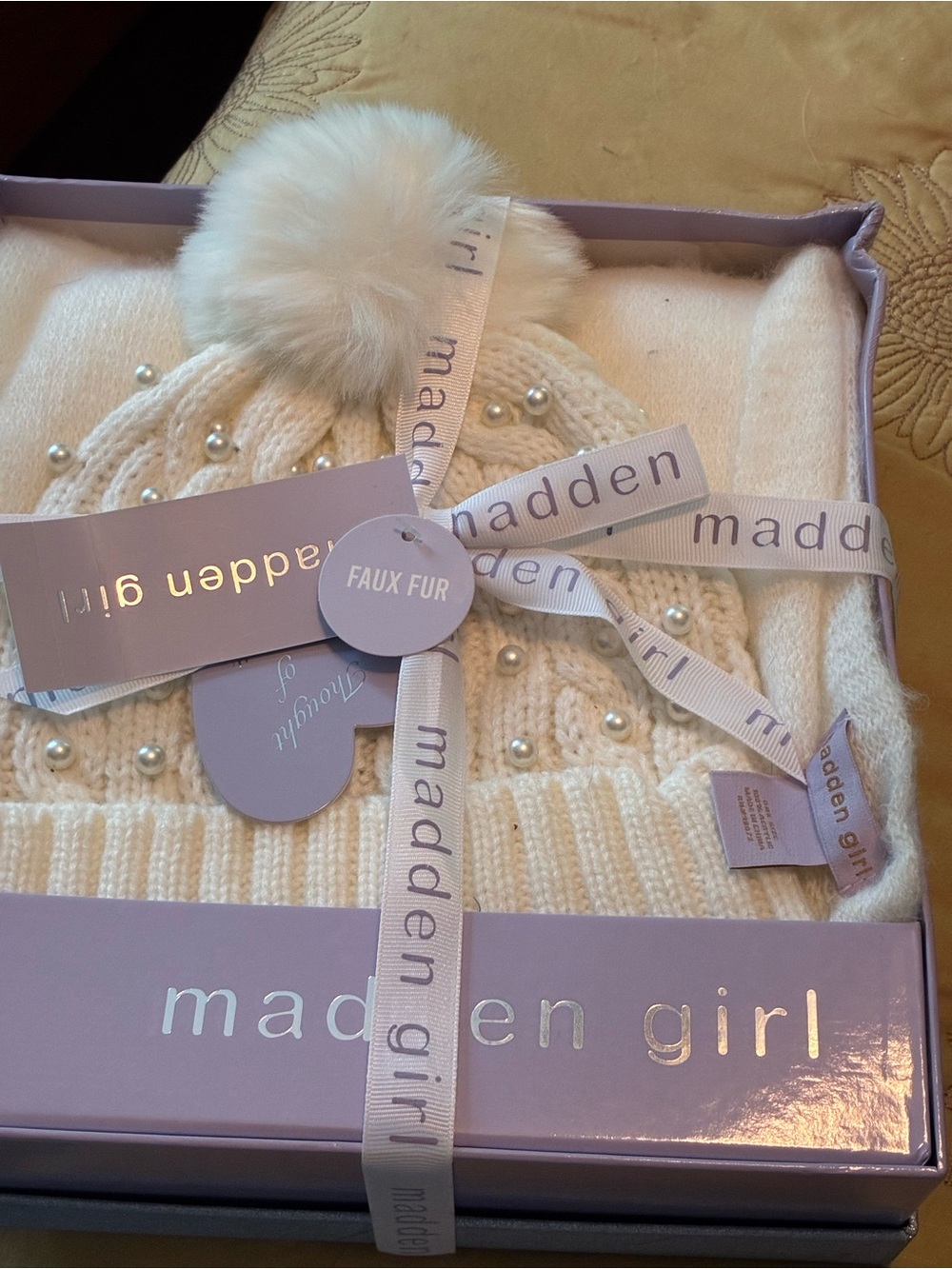 Madden Girl Cream Cable Knit Scarf /Beanie with Faux Fur Pom Pom & Pearls